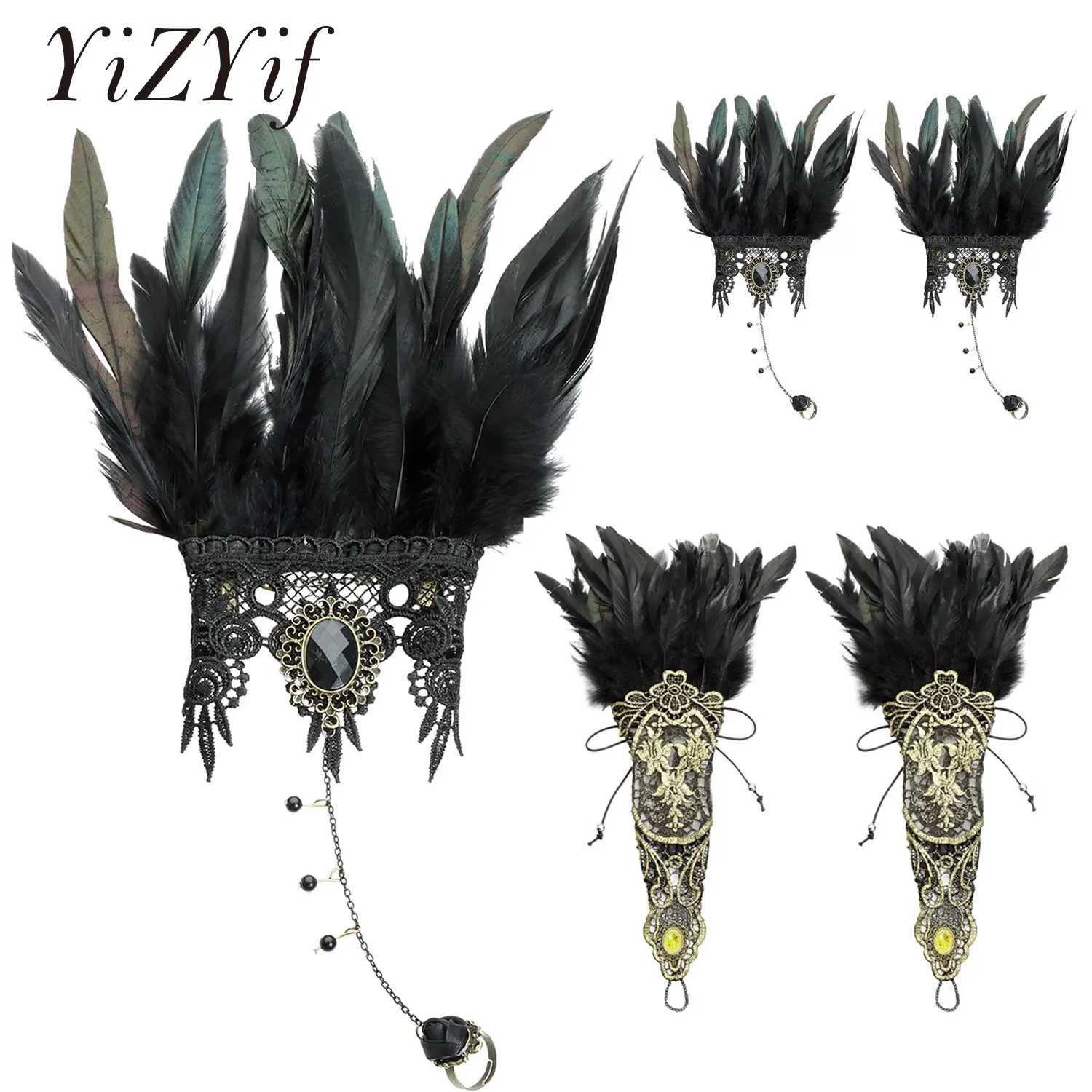 

Punk Gothic Gloves Feather Wrist Cuff Carnival Stage Show Showgirl Natural Dyed Rooster Feather Arm Warmer Party Cosplay Costume
