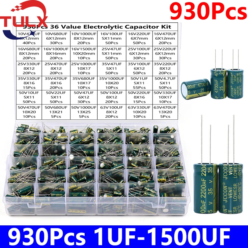 930Pcs/Box 36Values Aluminum Electrolytic Capacitor Kit 10V 16V 25V 35V 63V 1UF 47UF 100UF 220UF 10UF 470UF 680UF 1000UF 1500UF
930Pcs/Box 36Values Aluminum Electrolytic Capacitor Kit 10V 16V 25V 35V 63V 1UF 47UF 100UF 220UF 10UF 470UF 680UF 1000UF 1500UF