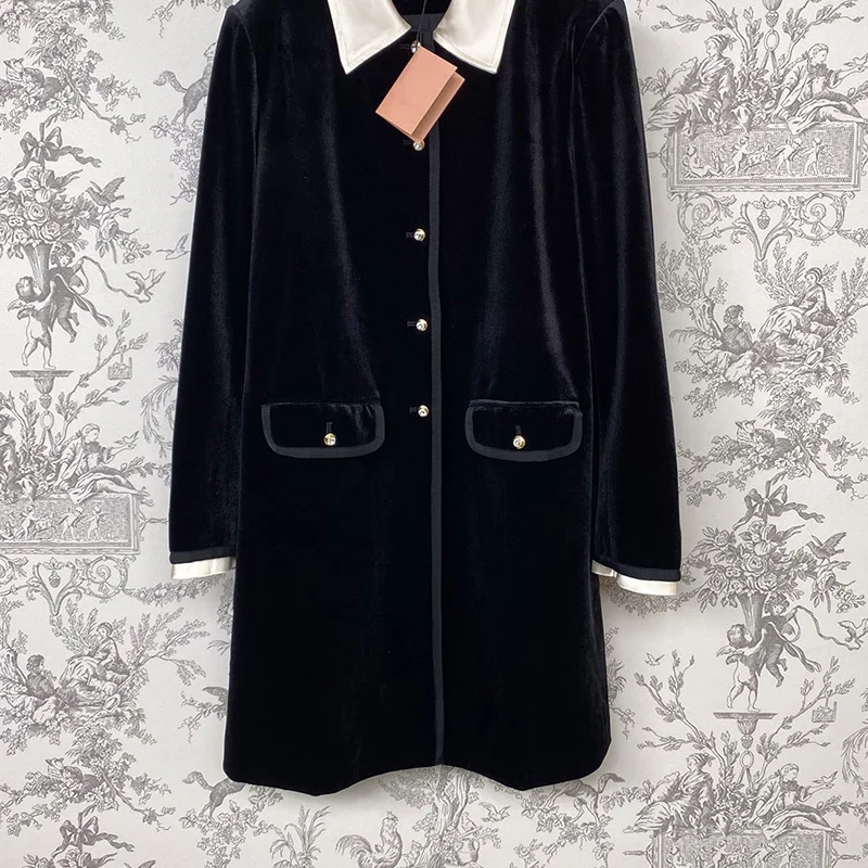 

Женская бархатная длинная куртка, подиумная винтажная черная однобортная куртка составного кроя с отложным воротником, хлопковый шикарный топ, верхняя одежда, осень 2023