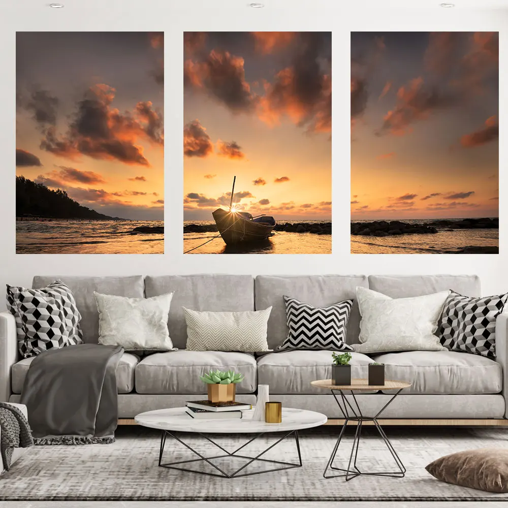 

Seascape Wall Art 5Pcs Boats At The Beach Canvas Posters Sunset Pictures HD Prints Paintings Home Decor Living Room Decoration