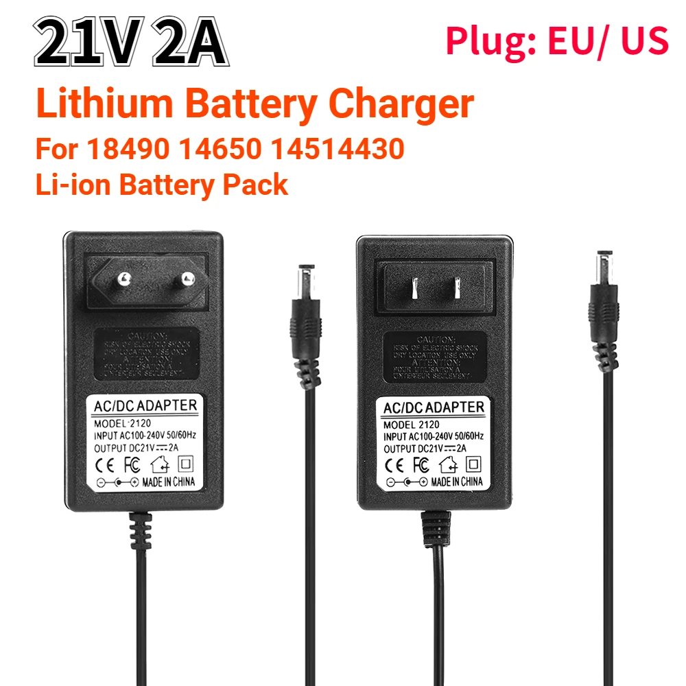 21V 2A 18650 Lithium Battery Charger DC5.5mm US EU Plug Power Adapter Charger for 2600 18490 14650 1451 4430 Li-ion Battery Pack
21V 2A 18650 Lithium Battery Charger DC5.5mm US EU Plug Power Adapter Charger for 2600 18490 14650 1451 4430 Li-ion Battery Pack
