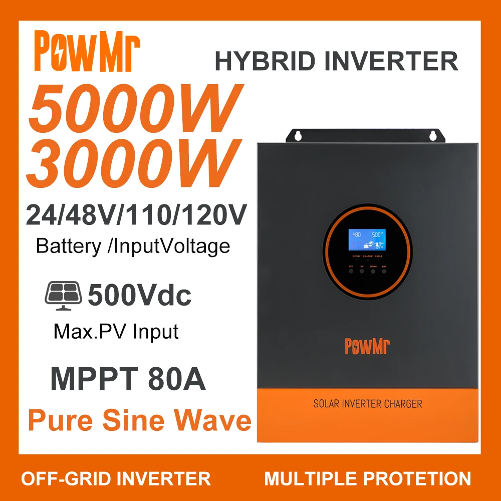 

PowMr Single Phase 3000W 5000W 110V/120VAC Output Pure Sine Wave Power Inverter DC 24V 48V with 80A MPPT Solar Charge Controller