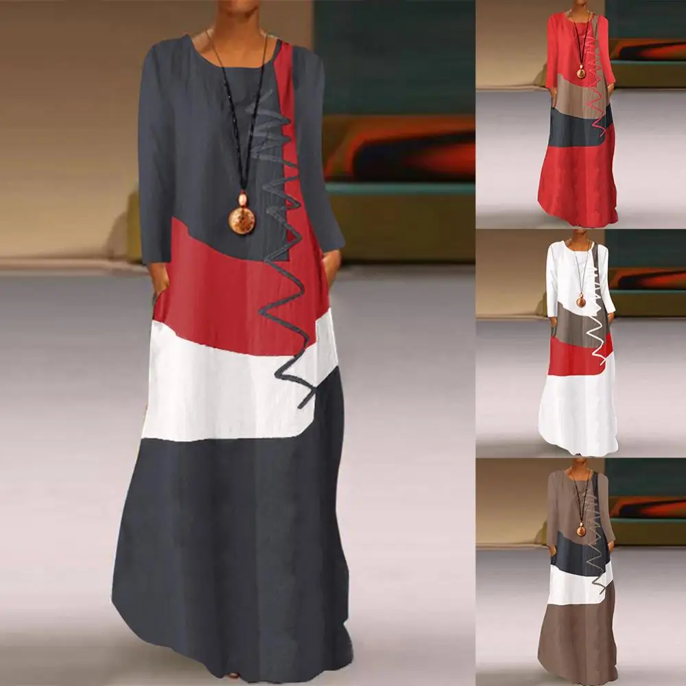 Dress Women Long Sleeve Loose Loose Dress O Neck Vintage Color Block Wavy Line Pockets Maxi Dress
Dress Women Long Sleeve Loose Loose Dress O Neck Vintage Color Block Wavy Line Pockets Maxi Dress