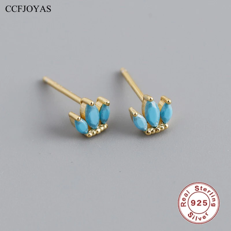 

CCFJOYAS 925 Sterling Silver Turquoise Earrings for Women Simple Gold Silver color Mini Cute Crown Studs Fine Piercing Jewelry