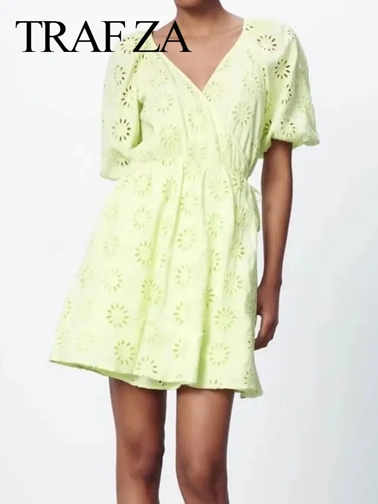 TRAF ZA Fresh Light Green Cotton Hollow Lace Lady Dress Elegant Skin-Friendly Cross V-Neck Waist Tie Short Sleeve Women Dress
TRAF ZA Fresh Light Green Cotton Hollow Lace Lady Dress Elegant Skin-Friendly Cross V-Neck Waist Tie Short Sleeve Women Dress