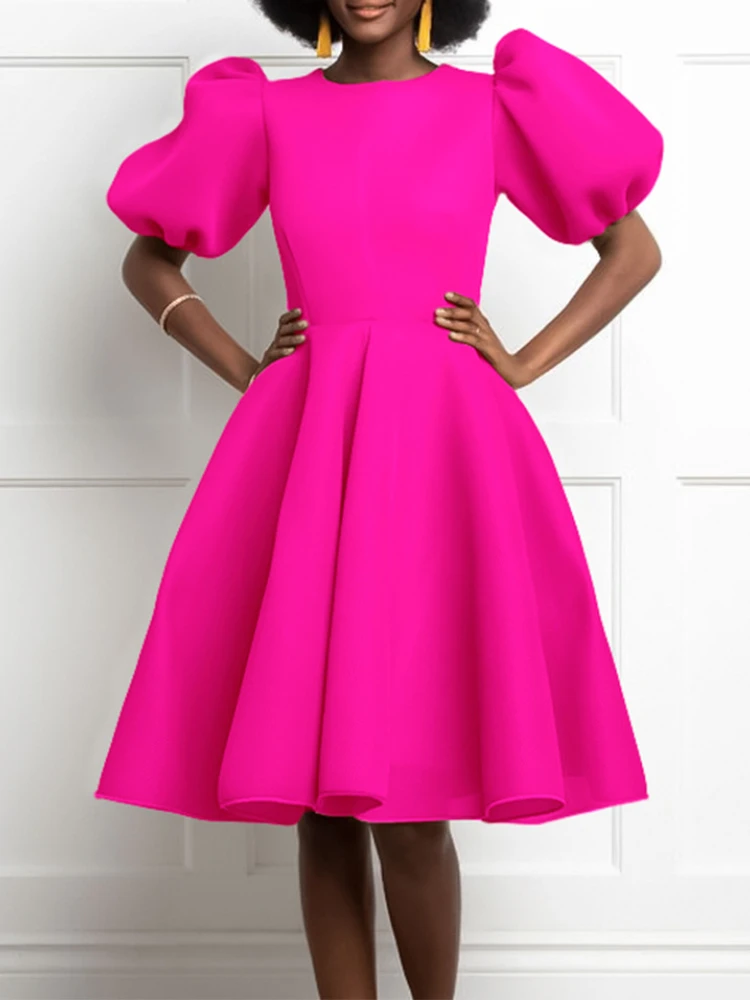 Elegant A Line Midi Dress for Woman O Neck Short Puff Sleeve Pink Rose Casual Party Wedding Evening African Female Robes Summer 
Elegant A Line Midi Dress for Woman O Neck Short Puff Sleeve Pink Rose Casual Party Wedding Evening African Female Robes Summer
