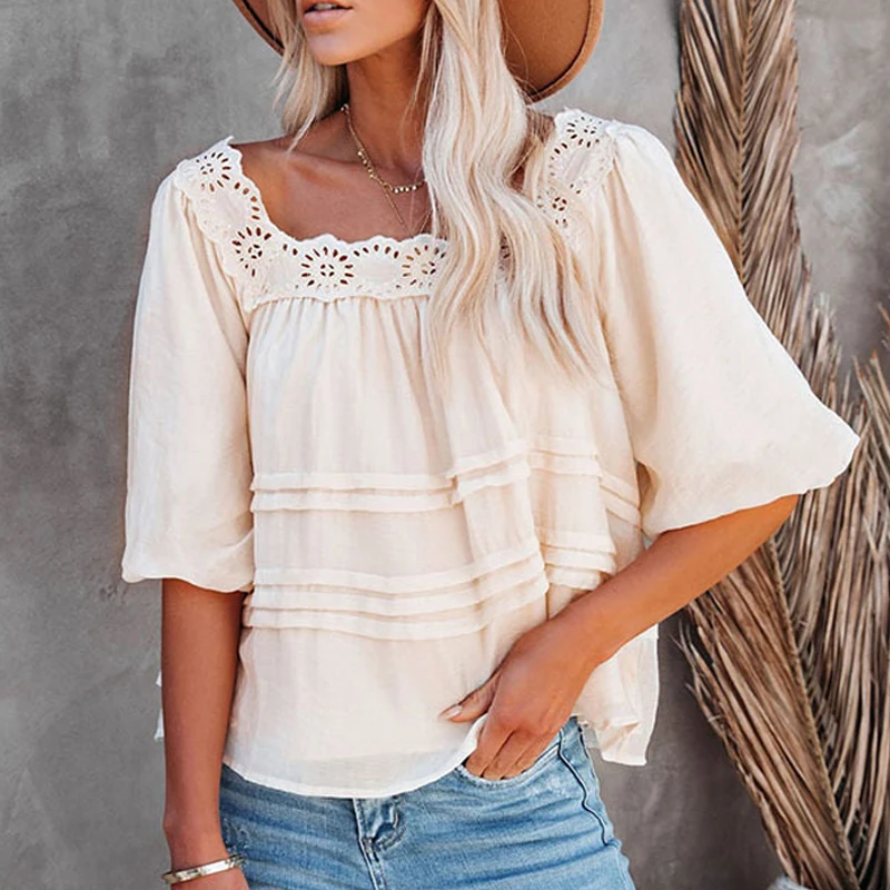Women Summer Lantern Sleeve Tops Short Sleeve Shirt Hollow Out Lace Shirt Sweet Square Collar Blouse Casual Loose Blusas 25796
Women Summer Lantern Sleeve Tops Short Sleeve Shirt Hollow Out Lace Shirt Sweet Square Collar Blouse Casual Loose Blusas 25796