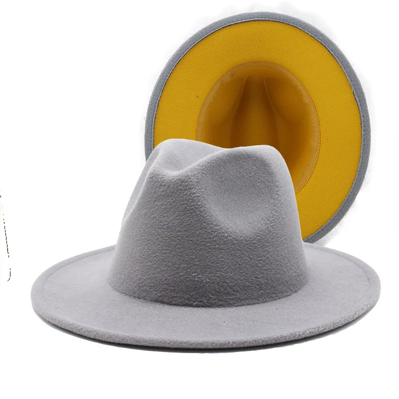 Unisex Outer Gray Inner Yellow Wool Felt Jazz Fedora Hats with Thin Belt Buckle Men Women Wide Brim Panama Trilby Cap 56-58cm
Unisex Outer Gray Inner Yellow Wool Felt Jazz Fedora Hats with Thin Belt Buckle Men Women Wide Brim Panama Trilby Cap 56-58cm
