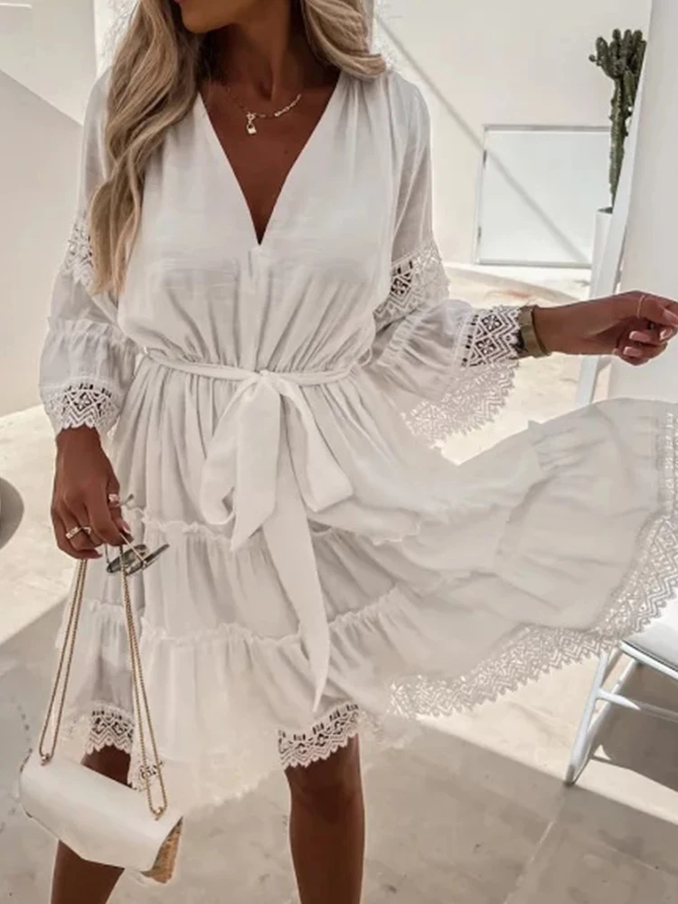 Casual Loose Flared Sleeve Pleated Mini Dress Women Sexy Bow Tie Waist Beach Dress New Fashion V-Neck Lace Hollow Out Club Dress
Casual Loose Flared Sleeve Pleated Mini Dress Women Sexy Bow Tie Waist Beach Dress New Fashion V-Neck Lace Hollow Out Club Dress