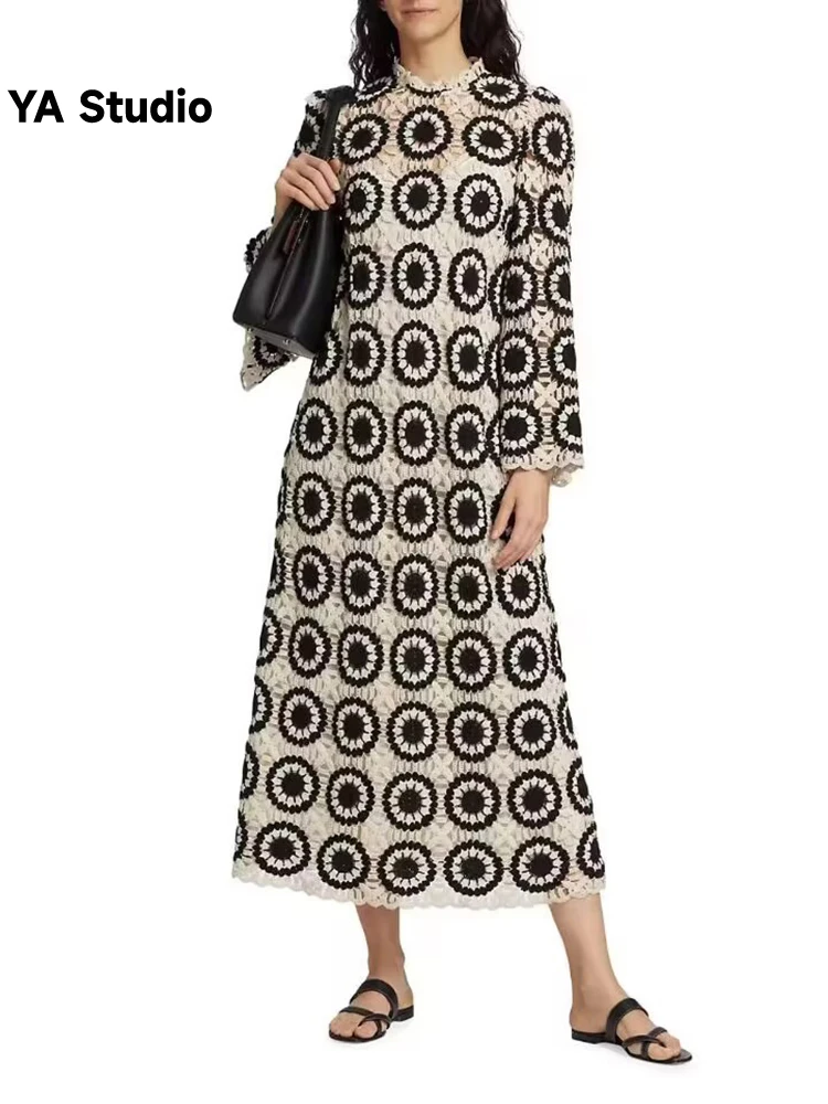 

Женское трикотажное платье [YA Studio], платье с воротником-стойкой, расклешенными рукавами, длинным рукавом, цветочным узором и вырезами, Новинка лета 2023