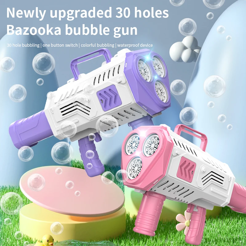 

Bubble Gun Rocket 30 Holes Automatic Blower Soap Bubbles Machine Gun Shape with Light Toys for Kids Pomperos Childrens Day Gift