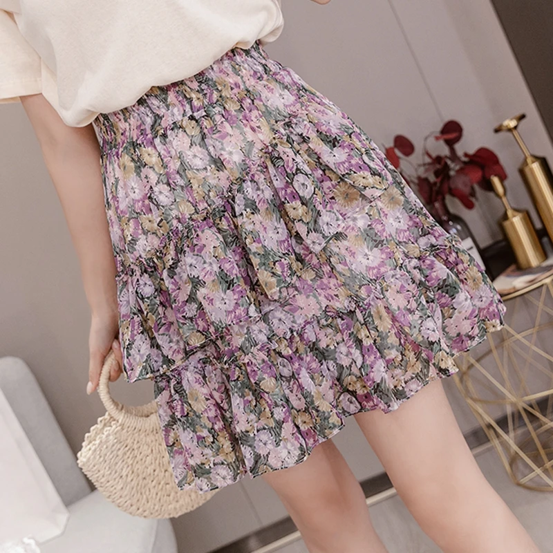 Летняя шифоновая короткая мини-юбка с цветочным принтом, Женская Повседневная плиссированная юбка трапециевидной формы с эластичной высокой талией и оборками для девушек 
Летняя шифоновая короткая мини-юбка с цветочным принтом, Женская Повседневная плиссированная юбка трапециевидной формы с эластичной высокой талией и оборками для девушек
