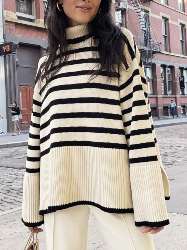 2022 Autumn New Women's High Collar Knitted Sweater Striped Slit Pullover Oversized Sweater Winter Clothes Women Thick Sweaters
2022 Autumn New Women's High Collar Knitted Sweater Striped Slit Pullover Oversized Sweater Winter Clothes Women Thick Sweaters