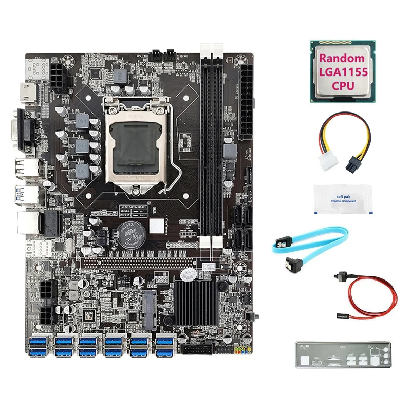 B75 12USB BTC Mining Motherboard+CPU+4Pin To 6Pin Cable+SATA Cable+Switch Cable+Baffle+Thermal Grease For ETH
B75 12USB BTC Mining Motherboard+CPU+4Pin To 6Pin Cable+SATA Cable+Switch Cable+Baffle+Thermal Grease For ETH