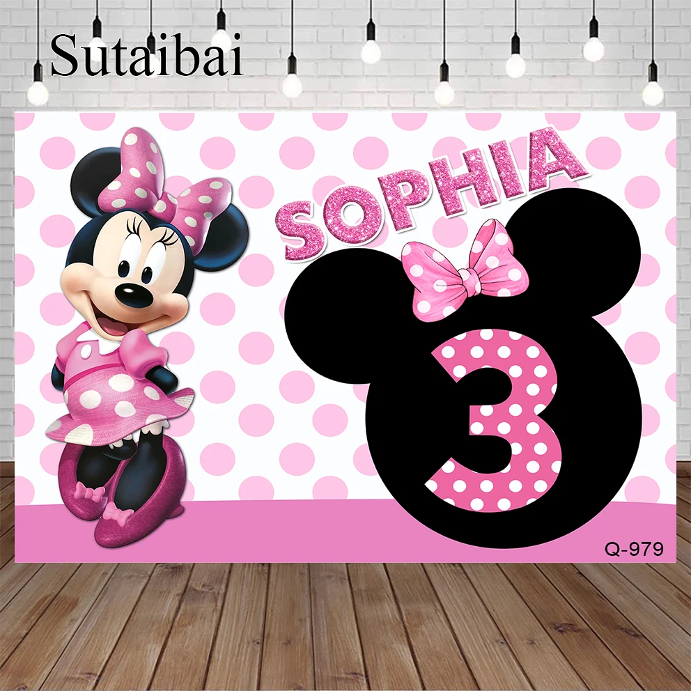

Custome Minnie Mouse Backdrops Birthday Party for Baby Girl Kids Princess Pink Photography Photo Background Banner Props Decors
