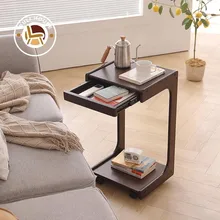 Wuli Solid Wood Movable Sofa Side Table Mini Coffee Table Snack Storage Rack Household C-shaped Computer Table Bedside Trolley