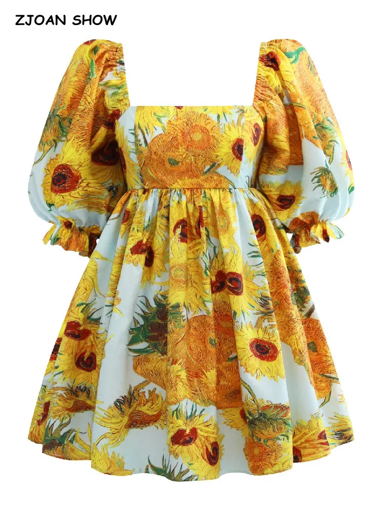 

Женское бальное платье с квадратным вырезом, желтое платье принцессы с цветочным принтом и пышными рукавами, мини-платье в стиле ретро, 2022