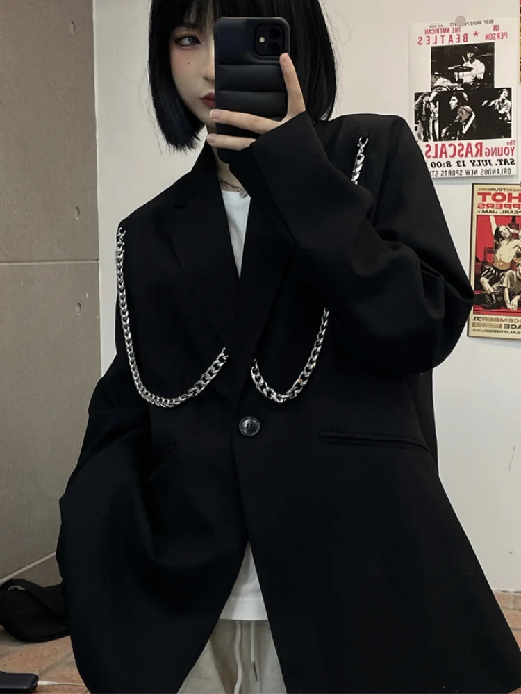 Autumn Vintage Chain Black Suit Jackets Women Men Couple Clothes Korean Fashion Casual Loose All Match Outwear Harajuku Y2k Coat
Autumn Vintage Chain Black Suit Jackets Women Men Couple Clothes Korean Fashion Casual Loose All Match Outwear Harajuku Y2k Coat