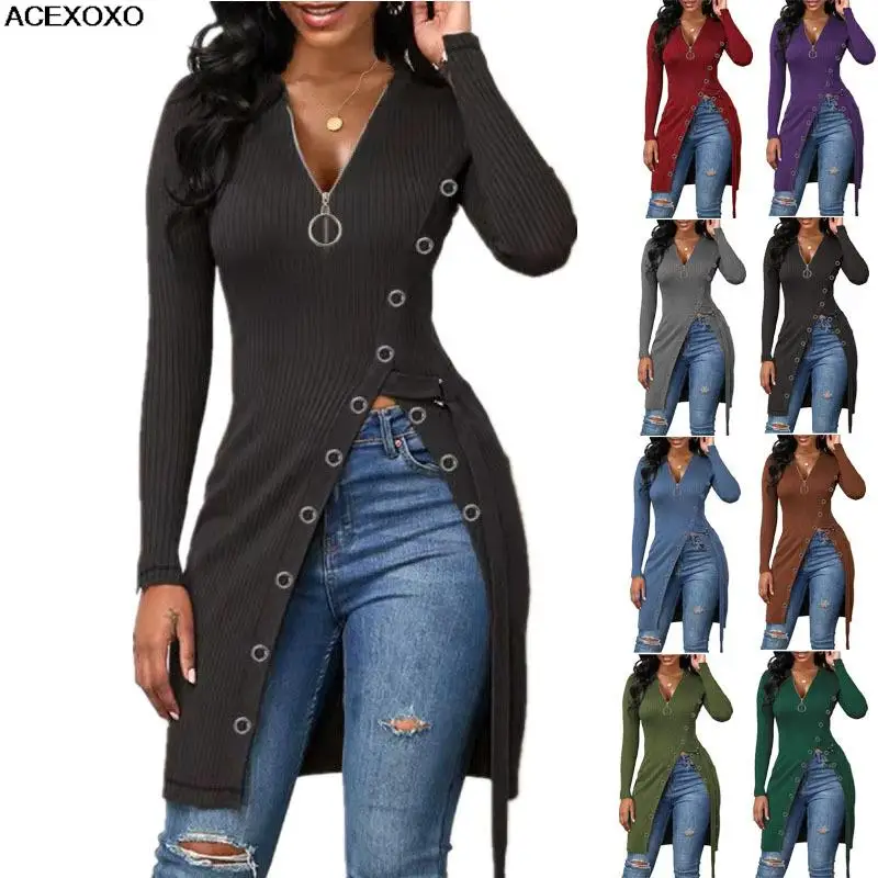 Autumn/Winter 2023 in Europe and dress V-neck long sleeve high open zipper T-shirt coat
Autumn/Winter 2023 in Europe and dress V-neck long sleeve high open zipper T-shirt coat