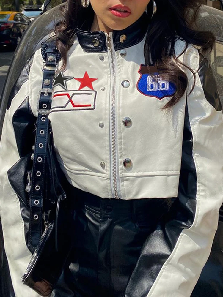 Sunny White PU Leather Zip Up Moto Jackets For Women 2022 New Star Patches Contrast Patchwork Long Sleeve Racing Biker Coats
Sunny White PU Leather Zip Up Moto Jackets For Women 2022 New Star Patches Contrast Patchwork Long Sleeve Racing Biker Coats