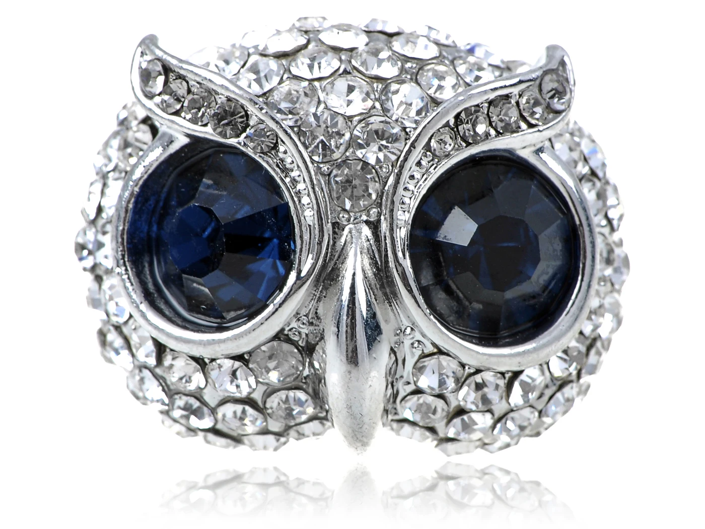 

Womens Adjustable Silvery Tone Dark Blue Gemstone Big Eyed Wise Owl Head Ring