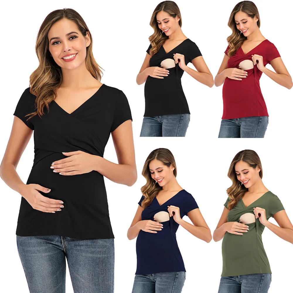 Летняя одежда для беременных женщин с коротким рукавом глубоким V-образным