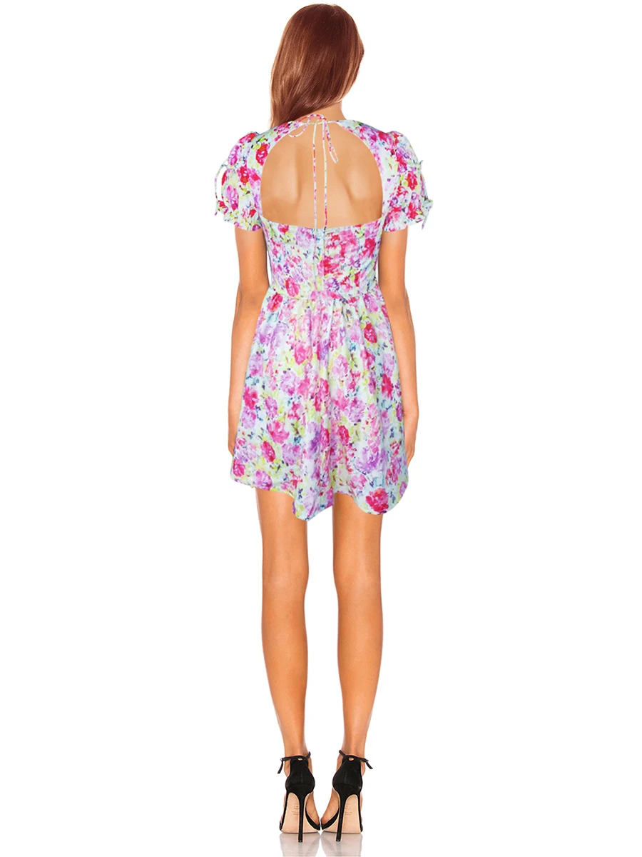 

Miolasay женское Y2K цветочное мини-платье без рукавов с глубоким V-образным вырезом вырез с открытой спиной Летнее Платье трапециевидного силуэта Клубное короткое платье