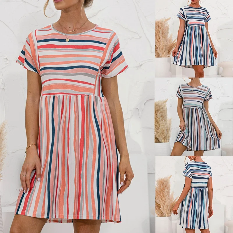 Women Summer Striped Dress O-Neck Short Sleeve Slim A-Line Knee Length Dress OL Office Elegant Dresses
Women Summer Striped Dress O-Neck Short Sleeve Slim A-Line Knee Length Dress OL Office Elegant Dresses
