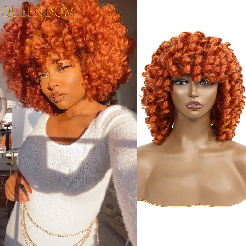 

Fluffy Orange Short Hair Afro Curly Wig with Bangs Ombre Brown Loose Curly Wigs for Black Women Honey Blonde Synthetic Curly Wig