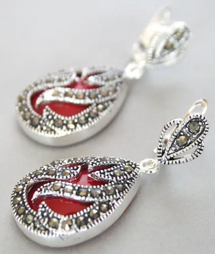 

11/2inch Genuine 925 Silver & Marcasite inlay red coral Waterdrop Earrings new