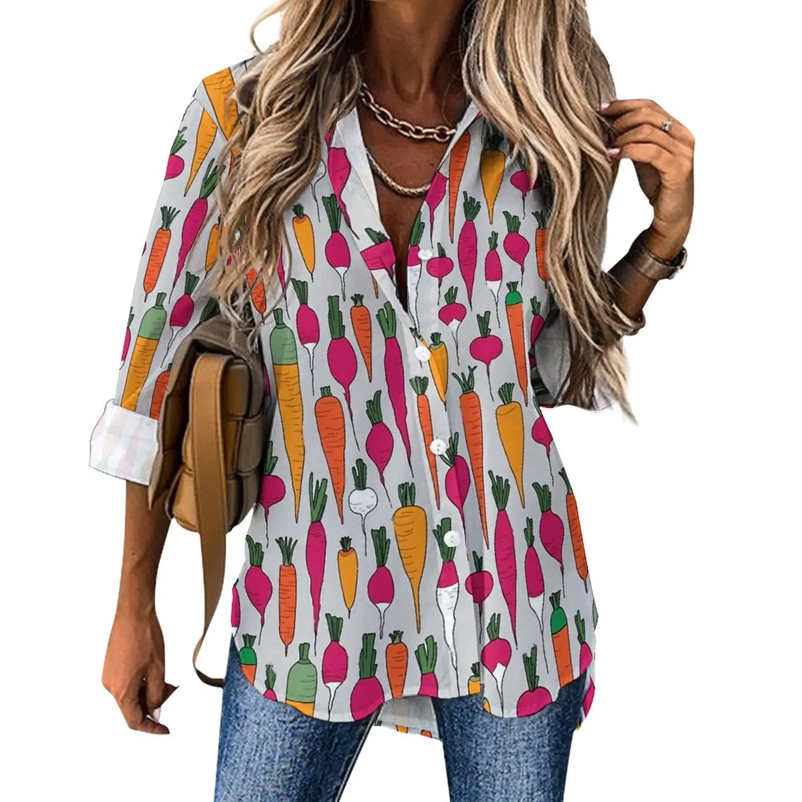 

Carrot And Radishes Casual Blouse Long-Sleeve Fresh Vegetables Trendy Blouses Female Loose Oversized Shirts Design Tops Gift