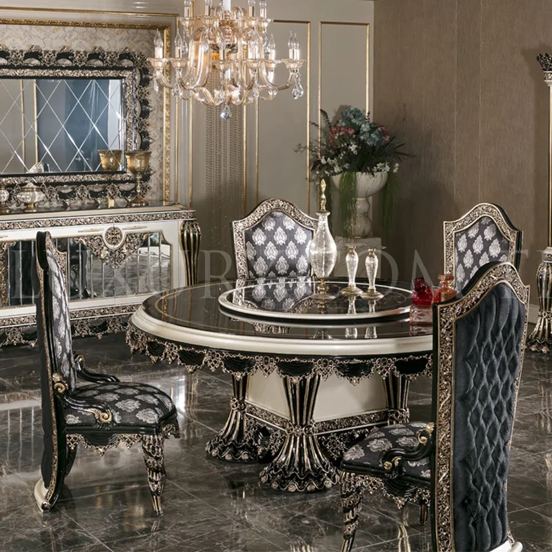 

Пользовательские европейские Роскошные резные обеденные столы и стулья из чистого массива дерева круглый обеденный стол для дворца во французском стиле мебель для виллы