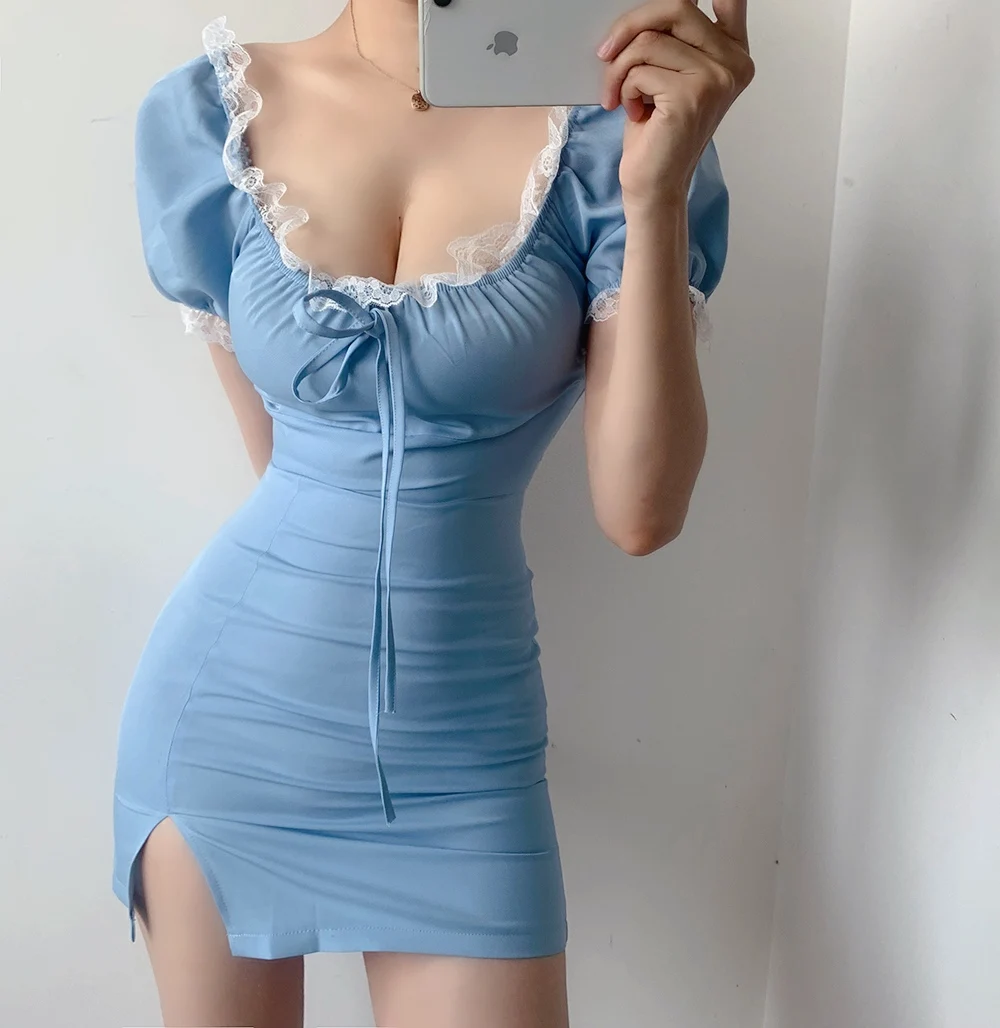 2021 Summer dress Fashion sweet girl Blue Mesh Lace Square Collar Low Chest Split Slim Puff Sleeve Female Womens Mini Dresses
2021 Summer dress Fashion sweet girl Blue Mesh Lace Square Collar Low Chest Split Slim Puff Sleeve Female Womens Mini Dresses