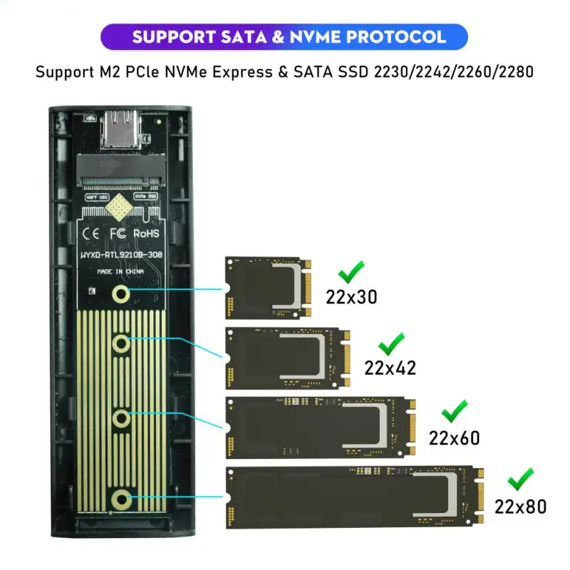 

Корпус M.2 NVME SSD, адаптер NGFF SATA, двухпротокольный корпус 2-в-1 для жесткого диска 10 Гбит/с