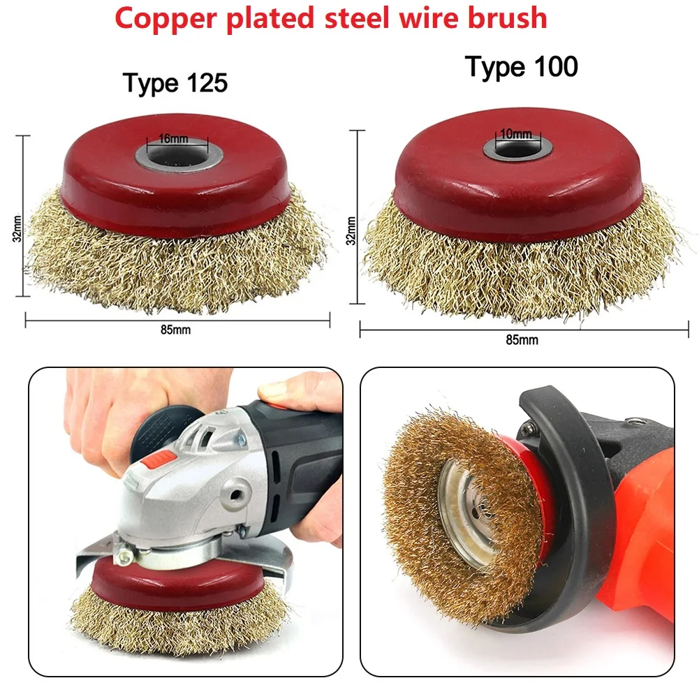 100 Type M10 M16 Angle Grinder Grinding Steel Wire Brush Copper Plated Wheel Derusting Deburring Polishing Power Tool Accessorie
100 Type M10 M16 Angle Grinder Grinding Steel Wire Brush Copper Plated Wheel Derusting Deburring Polishing Power Tool Accessorie