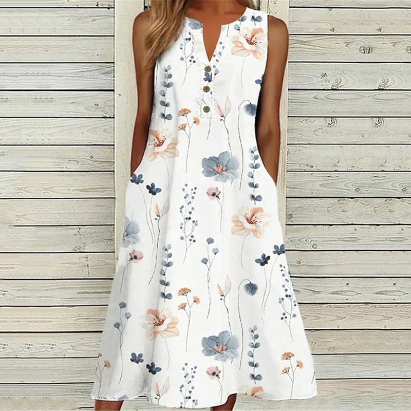 

Fashion Button Flower Print Women Beach Dress Casual Loose Temperament Dresses 2023 Summer Sexy V-neck Sleeveless Female Dress