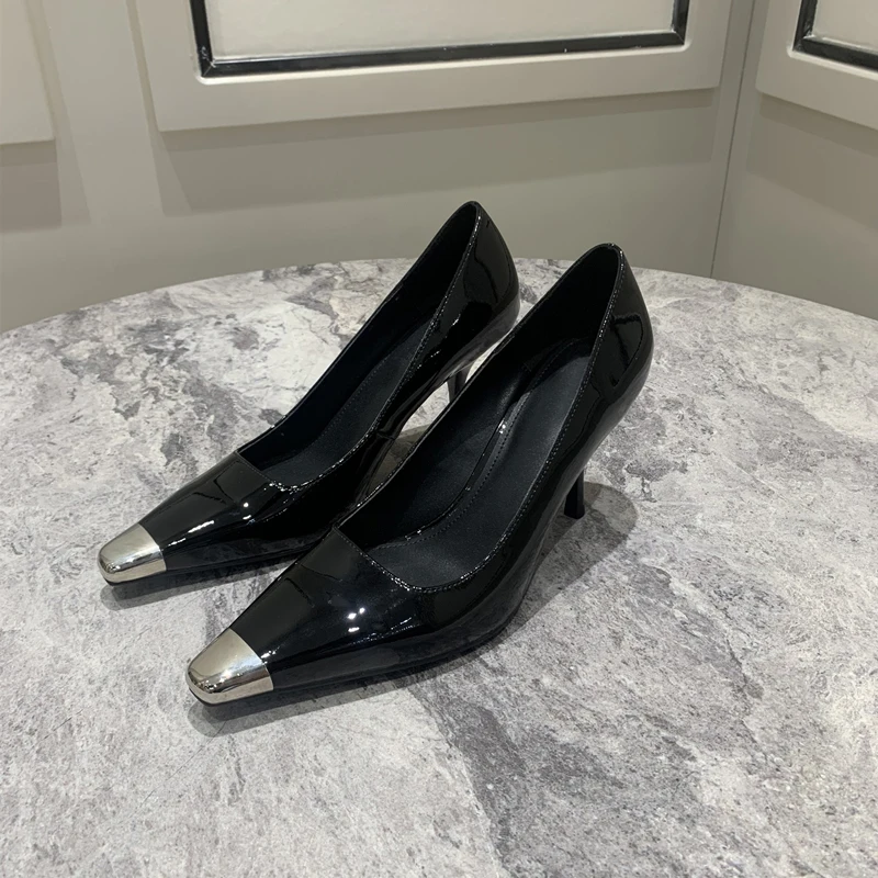 

black patent leather metallic-toe toecap Blade Metallic Slingback Pumps bold colour slip-on high heel wedding banquet shoes 4342