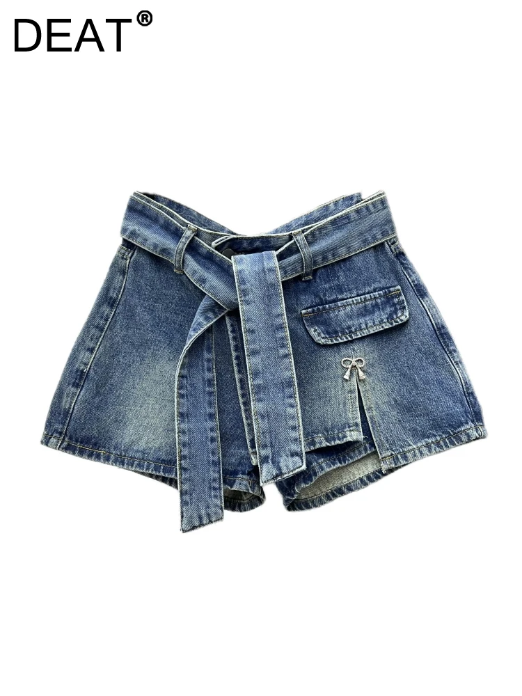 

DEAT Fashion Women's Skirt Slim Hight Waist Lace-up Belt Bow Asymmetric Split A-line Denim Mini Skirts Summer 2023 New 17A8064