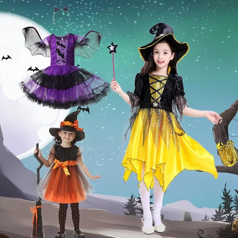 

Детские костюмы ведьмы для косплея на Хэллоуин, платье ведьмы для девочки, плащи, эльфы, волшебные юбки, детские костюмы, карнавальное платье для вечеринки