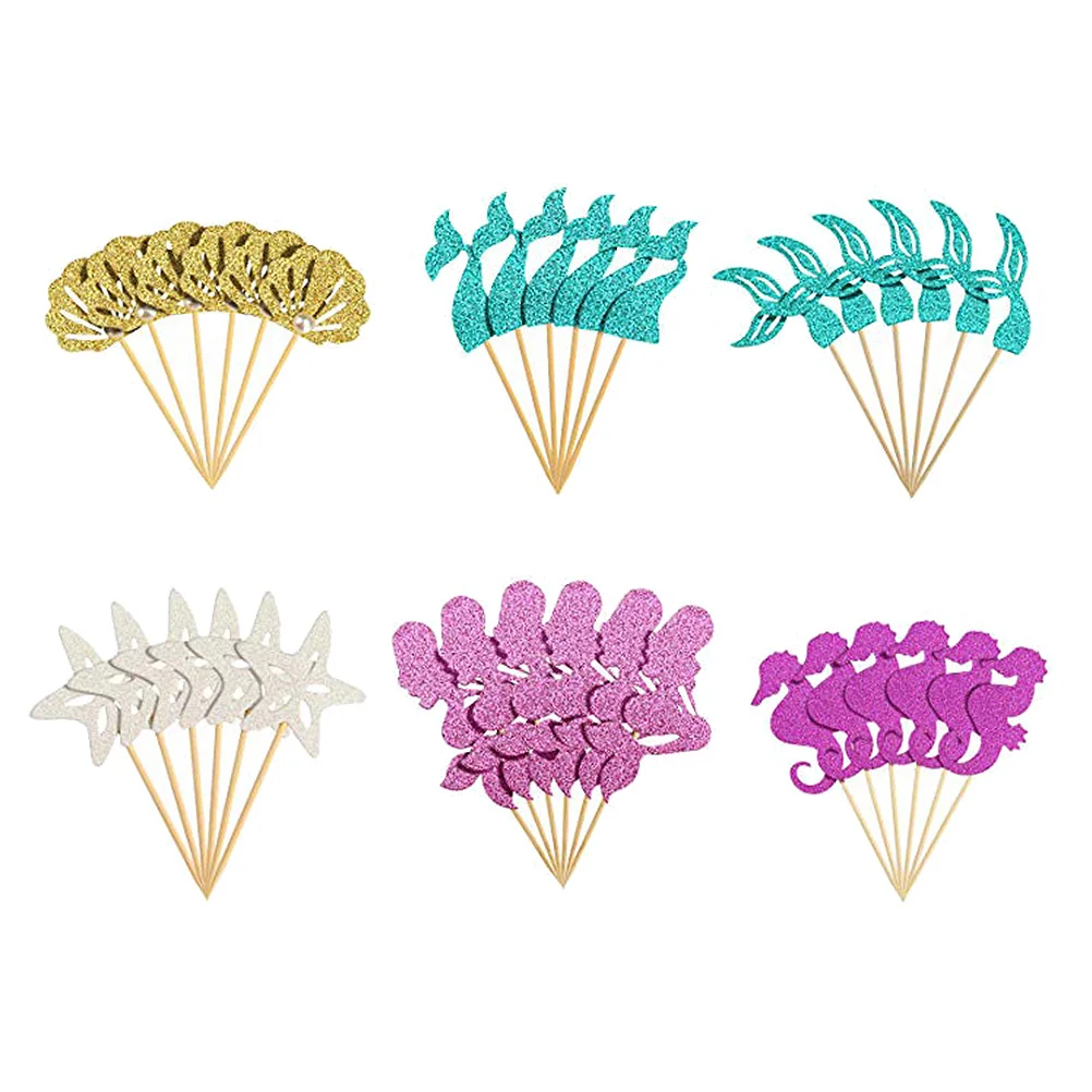 

36pcs Mermaid Glitter Cupcake Toppers Paper Birthday Cake Insert Bow Decorated Marine Life Cake Pick Cake Decor Party Favors (6