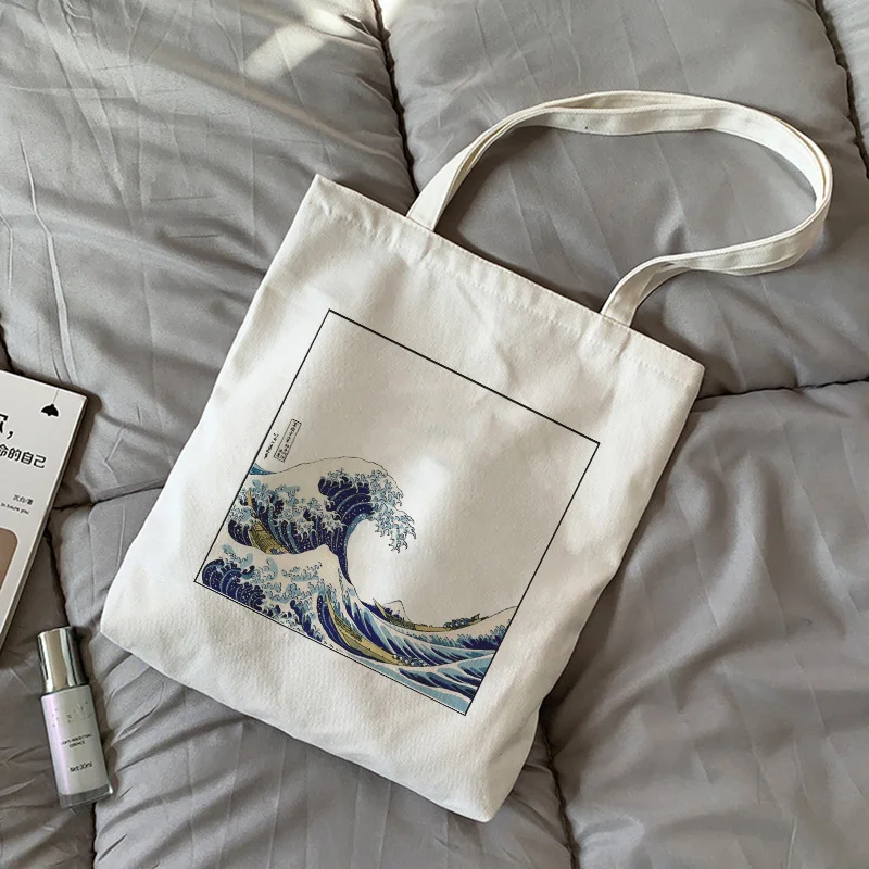 

Японская сумка для покупок с волнистым принтом, Повседневная Холщовая Сумка большой вместимости, модная женская сумка через плечо в стиле Харадзюку С мультяшными надписями, Ulzzang