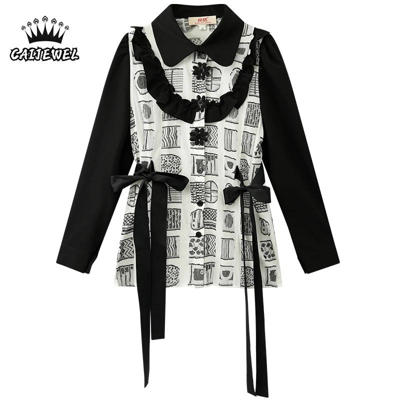 Women's Shirts Printing Ruffles Patchwork Bow-Knot Polo Collar Long Sleeves Casual Fashion Vintage Baggy Ladies Blouse Spring
Women's Shirts Printing Ruffles Patchwork Bow-Knot Polo Collar Long Sleeves Casual Fashion Vintage Baggy Ladies Blouse Spring