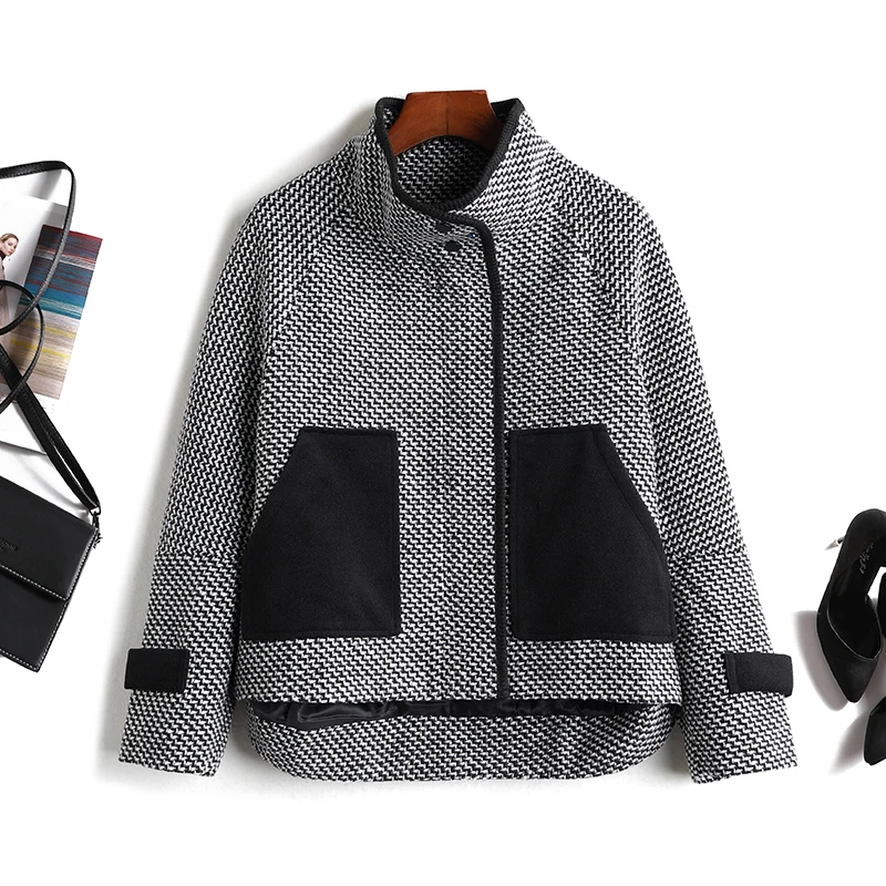 New color contrast pocket stand collar thousand bird plaid woolen coat short coat women
New color contrast pocket stand collar thousand bird plaid woolen coat short coat women