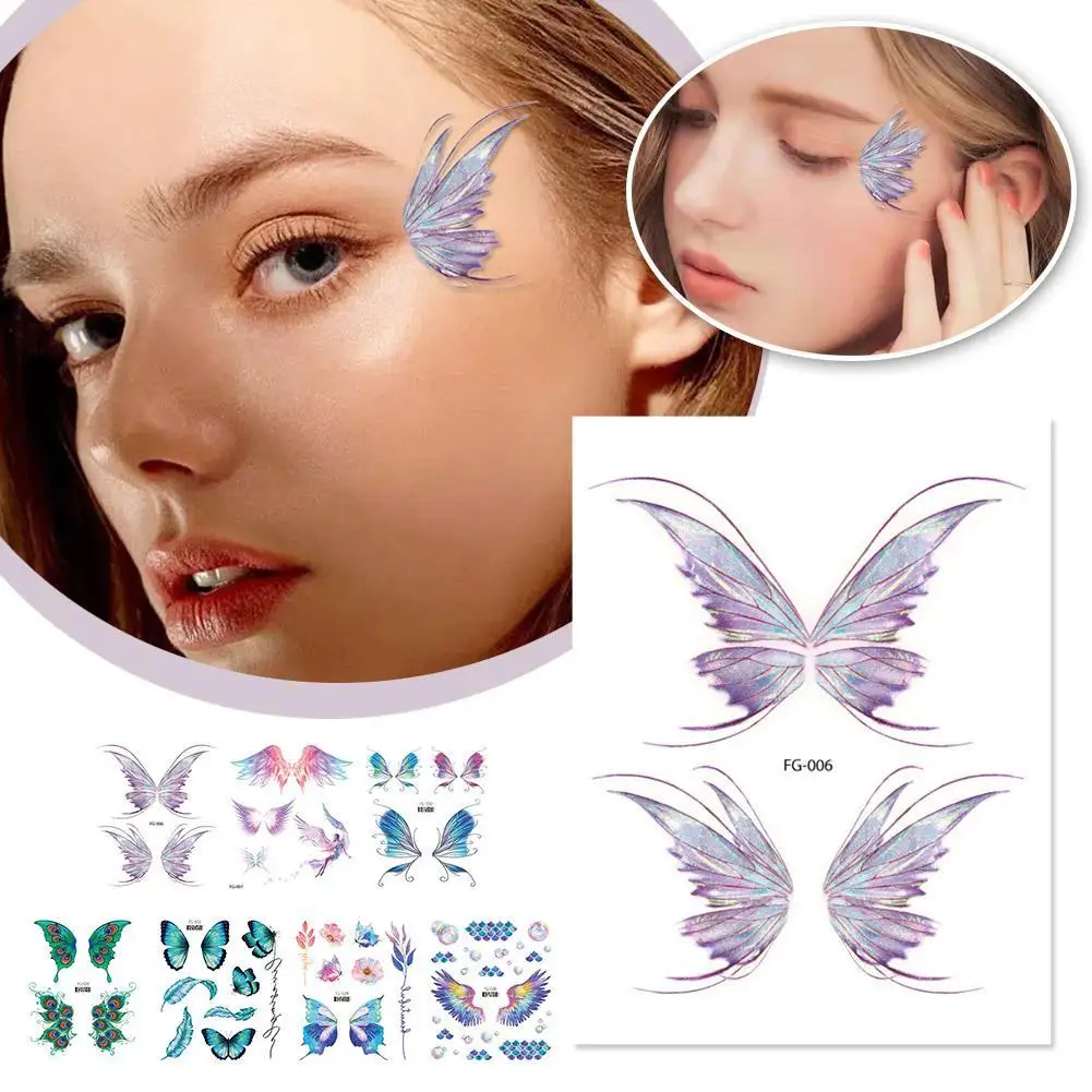 

Блестящие тату-наклейки Феи; Бабочки; Крылья, водостойкие глаза, лицо, рука, боди-арт, искусственные татуировки, женские красочные наклейки для лица