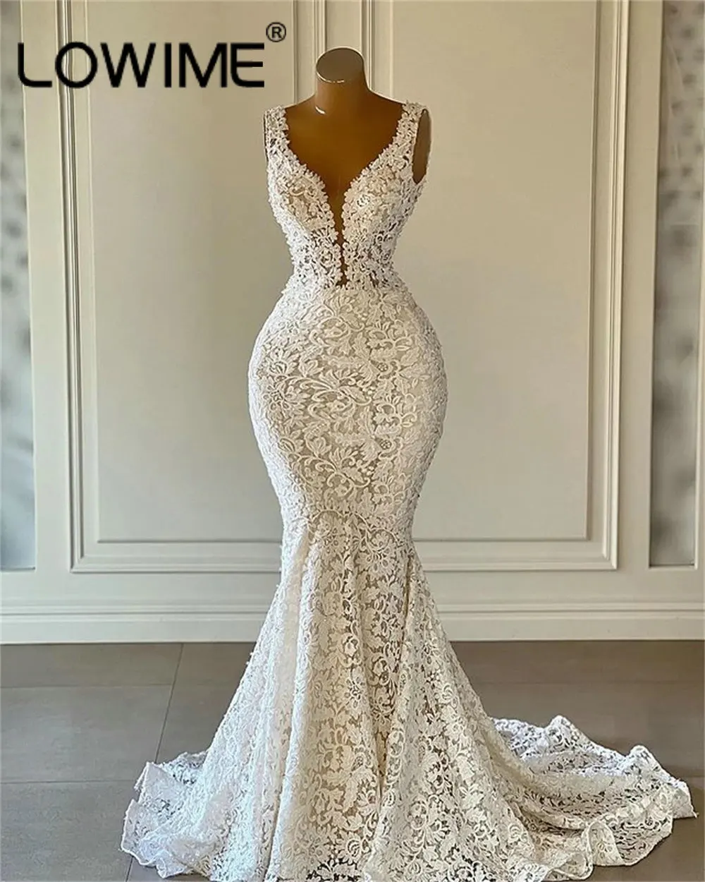 

2023 элегантные кружевные свадебные платья с V-образным вырезом для невесты без рукавов с бусинами Свадебные платья русалки Свадебные платья