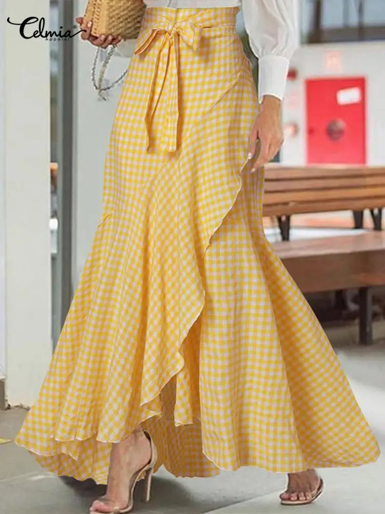 Фото Женская длинная юбка в клетку с высокой талией | одежда