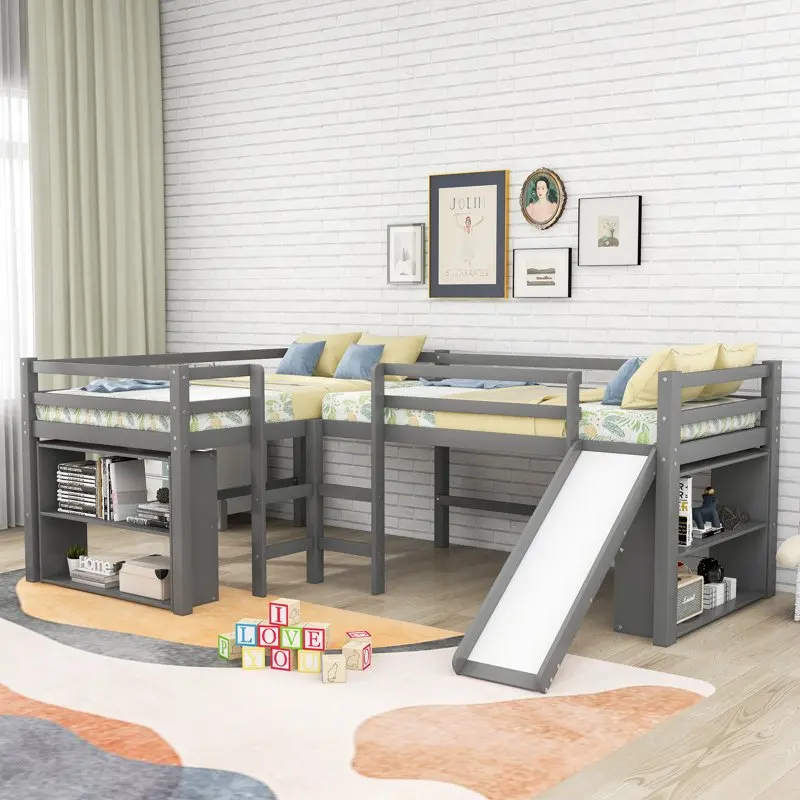 L-Shaped Low Loft Bed with Movable Two-Tier Shelves for Kids, Gray
L-Shaped Low Loft Bed with Movable Two-Tier Shelves for Kids, Gray