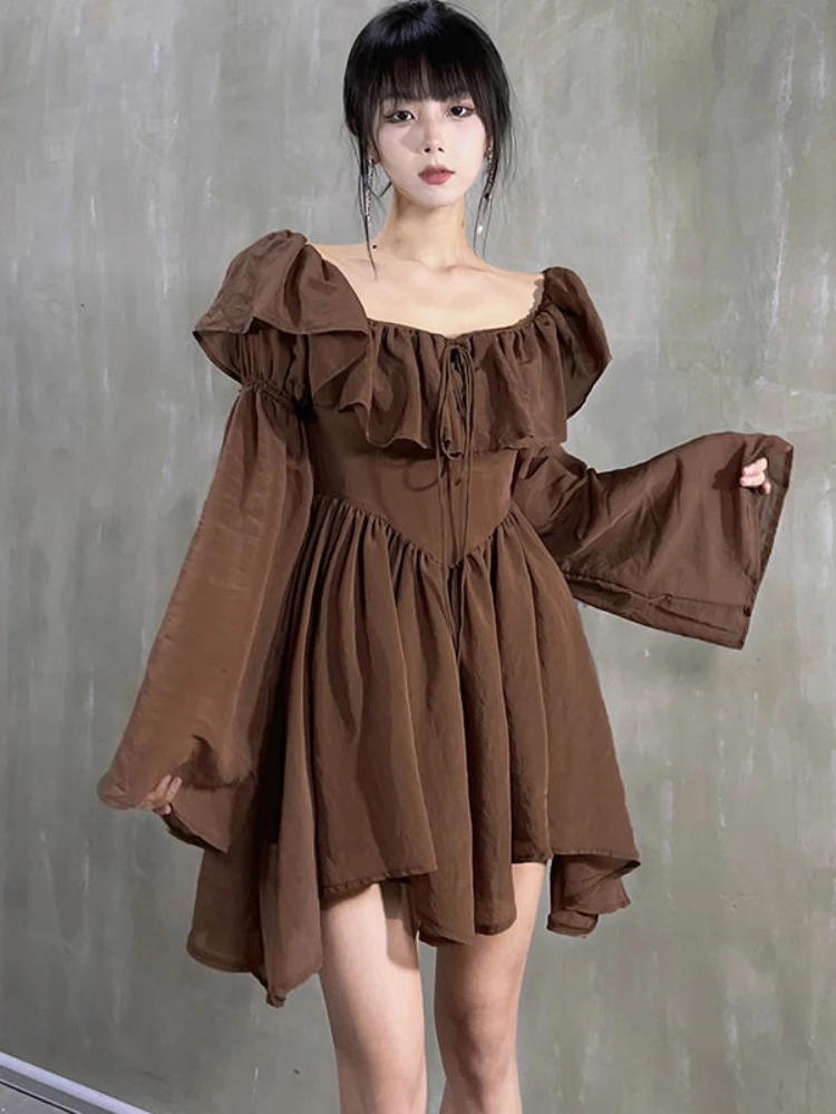 Elegant Dress for Women Sexy Off Shoulder Long Sleeve Short Dresses Ruffles Fairy Robe Brown High Street Fashion
Elegant Dress for Women Sexy Off Shoulder Long Sleeve Short Dresses Ruffles Fairy Robe Brown High Street Fashion