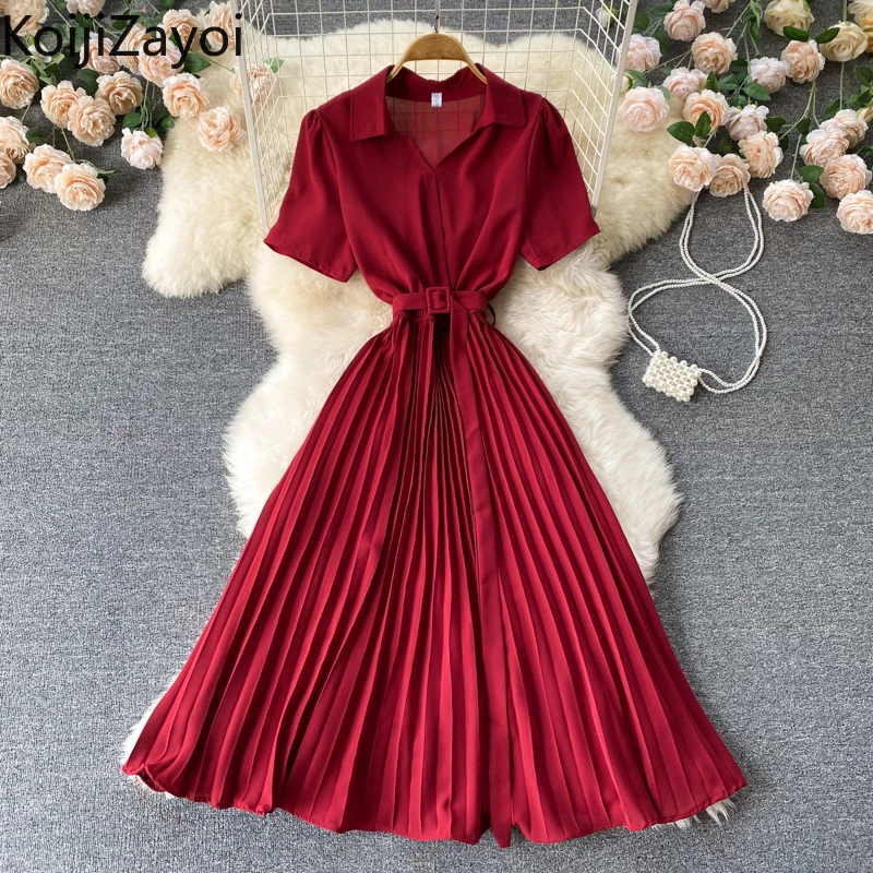 Koijizayoi Chiffon Women Pleated A Line Party Dress Short Sleeves Turn Down Collar Solid Fashion Bodycon Dresses Summer Vestidos
Koijizayoi Chiffon Women Pleated A Line Party Dress Short Sleeves Turn Down Collar Solid Fashion Bodycon Dresses Summer Vestidos