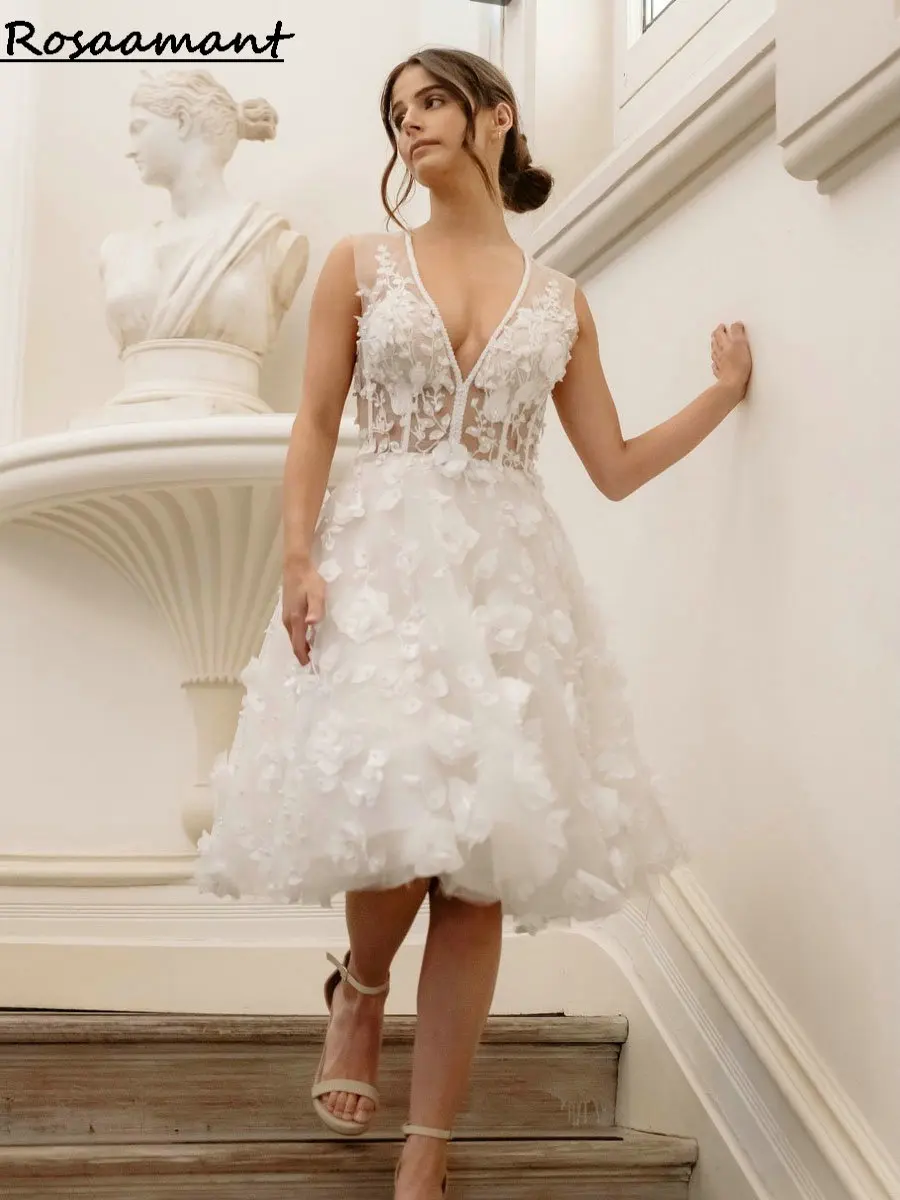 Vintage Sleeveless 3D Flowers Knee-Length Wedding Dresses A-Line Illusion V-Neck Short Country Bridal Gowns 
Vintage Sleeveless 3D Flowers Knee-Length Wedding Dresses A-Line Illusion V-Neck Short Country Bridal Gowns